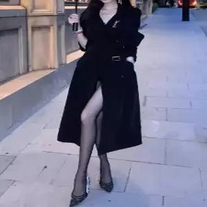 포뇨 가을 여성용 검정 롱 미디엄 코트 슬림핏 트렌치코트 오버핏 OPH3