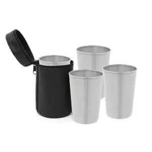휴대용 스텐 캠핑컵 4p세트(170ml) 가죽파우치 쥬스컵 음료잔 보관치 용컵 스테인리스 물컵 주스