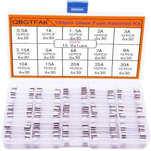 QBGTFAK 15 VALUES150PCS 퀵 블로우 유리 튜브 퓨즈 모듬 키트 6X30MM 250V 0.5A 1A 1.5A 2A 3A 3.15A 5A 6A 7A 8A 10A 15A 20A 25A 30A 투명 플라스틱 상자 포장 ㅣSK