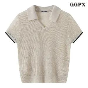 카라넥 소매 배색 반팔 니트 GQBKT045D 1323279