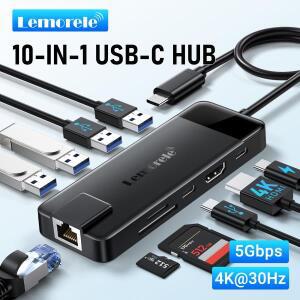 Lemorele 10 포트 USB C 허브  C-HDMI 4K RJ45 PD 어댑터 도킹 스테이션  2.0 노트북 태블릿 액세서리