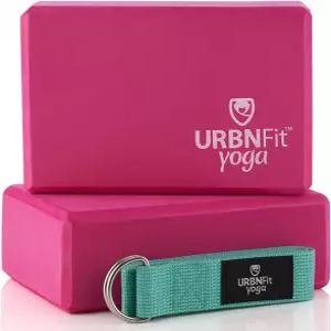 URBNFit 요가 블록 2팩 - 운동 필라테스 스트레칭 명상 안정성을 위한 스트랩이 있는 튼튼한 폼 세트