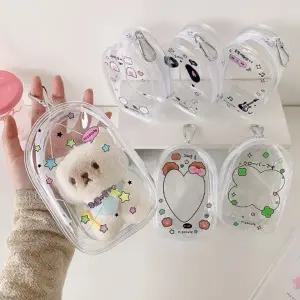 골라가게 PVC 투명 파우치 10cm 인형 가방 키링 네잎클로버 별 프린팅 지갑 충전기 에어팟 화장품 수납