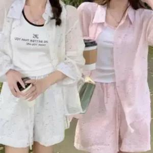 여성 여름 시스루 민소매 나시 셔츠 반바지 숏팬츠 세트