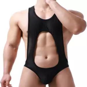 WMIERFI 남성 바디수트 통 G-스트링 레오타드 메쉬 레슬링 싱글렛 점프수트 속옷 기본 레이어