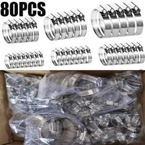 80피스 호스 클립 파이프 클램프 6mm-51mm 스테인레스 스틸 후프 세트 자동차 고정 도구