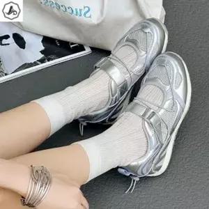 [애슬릿] 메리제인 운동화 소가죽 실버 메탈릭 메쉬 발레코어 키높이 4.5cm