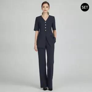 SET 여성 브이넥 골드 여름 정장 자켓+부츠컷 팬츠