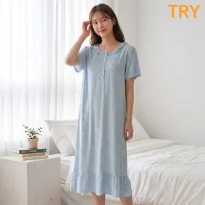 트라이 여성 I02 반팔 롱 원피스 잠옷 여름 파자마 레이온 홈웨어 시원한 인견 실내복