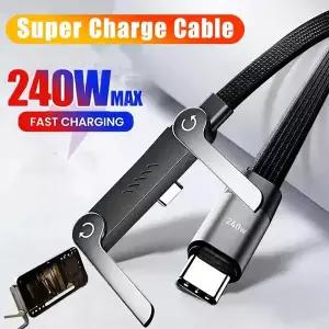 2-in-1 240W 브레이드 케이블 접이식 휴대폰 거치대 USB C to Type C 고속 충전 T자형 충전기 데이터 케이