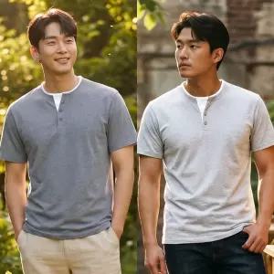 쟌피엘 레이어드배색 반팔티셔츠 헨리넥 라운드니트