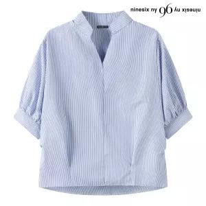 [롯데백화점]올앤선드리 데일리 오픈 카라 스트라이프 반팔 블라우스 (NQ2BA010L0)