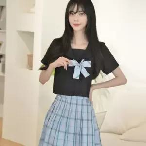 교복몰 하늘하늘 체크 블랙 여고생 세라복 세트 반팔