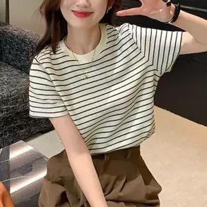 ( )스트라이프 단가라 줄무늬 반팔 티 여성 여름 티셔츠