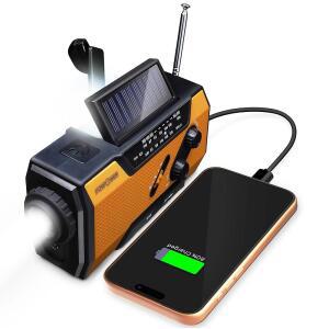 FosPower NOAA 비상 라디오 SOS 알람 뱅크, 실내/외 USB/태양광/핸드 A1 작동, 주황색 휴대용 및 비상용 손전등 파워 충전, 크랭크 배터리 - 7400mWh AM/FM,