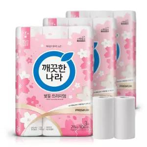 깨끗한나라 벚꽃 프리미엄 데코 화장지 3겹 28m 30롤 3팩 + 키친타월 100매 2롤