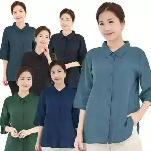 이브바바 여성 여름 인견 무지 7부 카라 오픈 셔츠블라우스 중년 엄마옷 상의