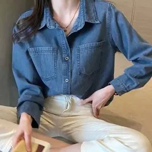 여자 심플 빈티지 진청 데님 청 셔츠 남방(HSJ-WFGVDBY)