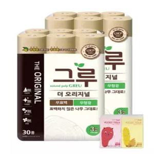 그루 더 오리지널 무표백 천연펄프 화장지 3겹 33m 30롤 2팩+포켓티슈 10매 2개