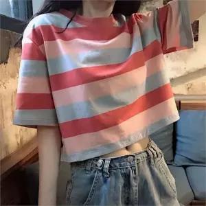 반팔 티셔츠 루즈핏 스트라이프 단가라 여성 크롭 티셔츠 여름
