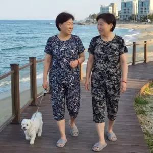 VIC) 여성 까슬이반팔세트(2벌) 잠옷 쿨링 파자마 홈웨어 상하세트 엄마 할머니 마실 여름