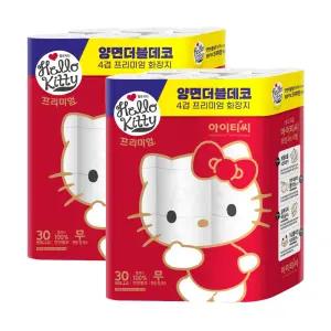헬로키티 프리미엄 레드 4겹 30롤 2팩 무형광 두루마리 휴지 화장지