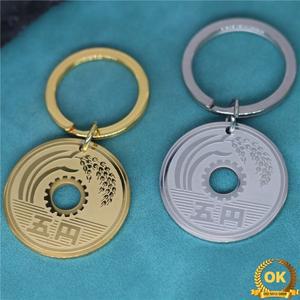 럭키 일본 동전 스테인레스 스틸 체인 5 엔 라운드 펜던트 열쇠 고리 남성 행운의 보석 선물