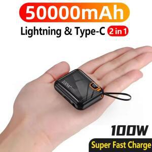 50000mAh 파워 뱅크 120W 탈착식 USB-C 케이블 양방향 고속 충전 미니 외장 배터리 (샤오미, 삼성, 아이폰