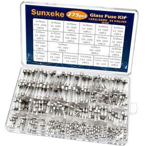 SUNXEKE 24 VALUES 275PCS FAST BLOW GLASS FUSES ASSORTMENT KIT 250V 6X30MM 5X20MM 0.5A 1A 2A 3A 5A 6A 8A 10A 15A 20A 125V 3.6X10MM 2.5A 7A ㅣJQ