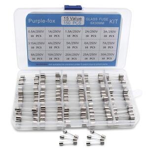 퍼플폭스 15 밸류 150PC 패스트 블로우 유리 퓨즈 구색 키트 6X30MM 250V 0.5 1 1.5 2 3 3.15 4 5 6 7 8 10 20 25 30A 앰프 투명 플라스틱 상자에 포장되어 있습니다 ㅣPX