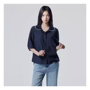 베네통 레이스업 니트카라 반팔 블라우스 BABL76631NY1330482