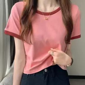 ( )여성 여름 라운드 기본 크롭 반팔 티 셔츠 핑크