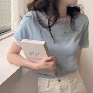 여성 투톤 여름 라운드 배색 반팔 데일리 상의 티셔츠