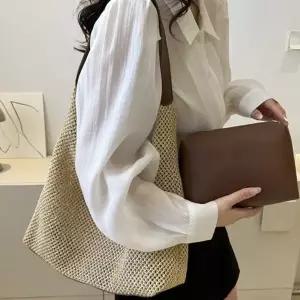 LND 당일 스타일리쉬 라탄 콤비 숄더백 파우치포함 가방 여성 여름 여행 여자 레더 스트랩