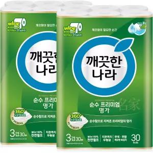 깨끗한나라 순수 명가 프리미엄 3겹 30m 30롤 2팩 천연펄프 화장지 휴지 두루마리 60롤