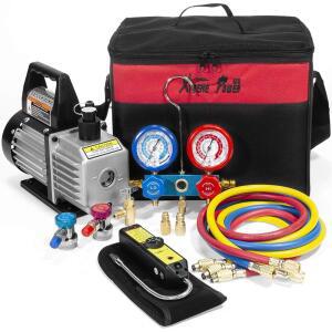 ExtremepowerUS 4CFM 진공 펌프 R134a R22 R32 R410A A/C 매니폴드 게이지는 HVAC 에어컨 냉동 충전을 위해 누출 감지기 휴대용 가방으로 게이지를 탭할 수 있습니다