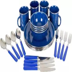 포츠 디럭스 24피스 에나멜 식기 세트 - 캠핑 및 배낭 여행용 가볍고 내구성이 뛰어난 접시와 4인용 그릇