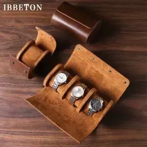 IBBETON 3 슬롯 시계 롤 여행 케이스 휴대용 빈티지 가죽 디스플레이 보관 상자 주최자 남자 선물