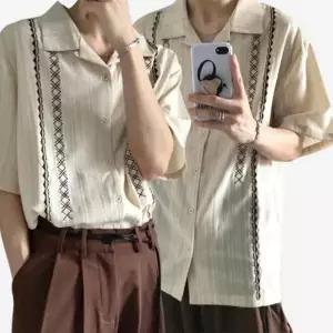 [아이에스이랩]빈티지 자수 반팔셔츠 오픈카라 여름 셔츠 I2SH021