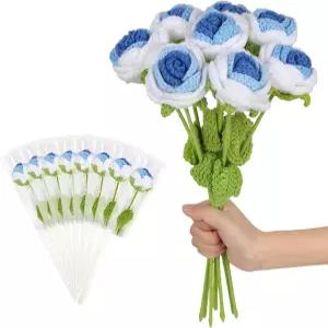 8PCS 크로셰 꽃 뜨개질 직조 장미 완성된 수제 인조 어머니의 날 선생님을 위한 DIY 꽃다발 선물 홈 데코