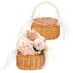 고리버들 라탄 플라워 걸 바구니 2개, 손잡이와 바구니, 웨딩 장식용(브라운) 짠 리본, 손으로 요정 소박한 진주 꽃