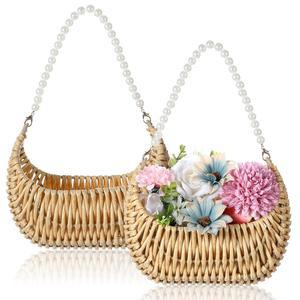 결혼식 플라워 걸 피크닉 가든 보관 및 (라이트 데코용 라탄 브라운) 2개 달린 진주 바구니 홈 손잡이가