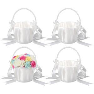 귀여운 진주 손잡이가 달린 CKHOID 4PCS 보크노트 결혼식용 걸 꽃 컬렉션 새틴 흰색 바구니 웨딩 플라워 바구니,