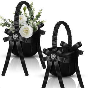 SUTTMIN 2피스 웨딩 플라워 걸 바구니 데코 라인스톤 (블랙, 리본 새틴 손잡이 꽃 나비매듭) 조각 결혼식용 색종이 웨스턴 포함 고딕 파티용 연회 홈 꽃잎