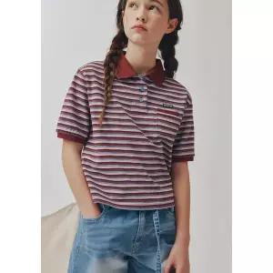 [블루테일](광주신세계)AZB2TS05WN [스트라이프 카라 와인 크롭 반팔 티셔츠]