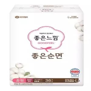 좋은느낌 좋은순면 슬림날개 중형 36개 x 4팩 /대형 32개 x 4팩/자연순면커버/저자극/에어핏쿠션적용
