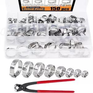 150Pcs 304 스테인리스 스틸 싱글 이어 호스 클램프 핀처 6-23.5mm 크림프 구색 키트 신치 링 핀치 도구로