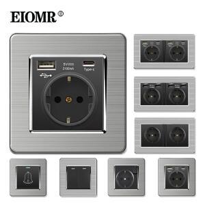 EIOMR 블랙 EU 표준 벽 소켓 및 스위치, 스테인레스 스틸 패널, 어린이 보호 문짝, USB 전원 콘센트 포함,