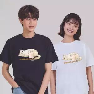 키밍 얌전한 고양이 남자흰반팔티 학생반팔티 그래픽반팔티 단체반팔티 (W6A258F)