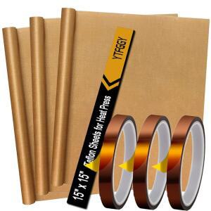 YTFGGY 히트 프레스용 테프론 시트 3팩 15X15 및 3롤 열전달 테이프 10MM 논스틱 전사 승화 PTFE 내열성 세트